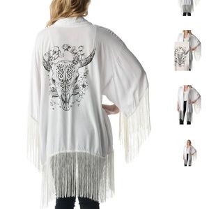 Longhorn Skull Boho Kimono White Super Long Fringe